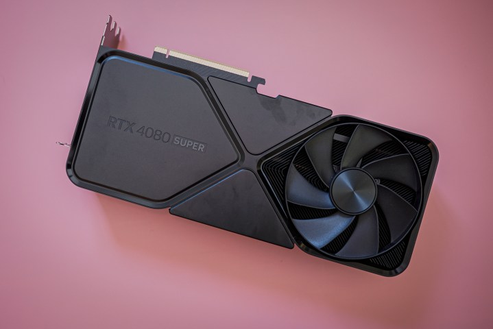 The Nvidia RTX 4080 Super on a pink background.