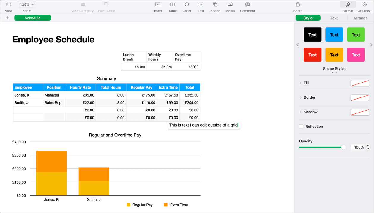 The canvas of an Apple Numbers spreadsheet, showing that it is less rigid than the cell approach used by Excel.