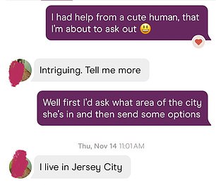 Zach, 34, who lives in Manhattan, explained to her that he had matched with a woman on Hinge who is based in Jersey City