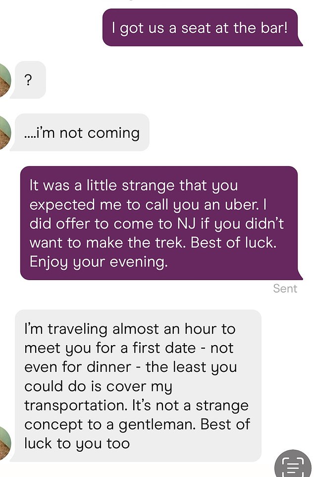 In the end, the woman didn't show on the date and slammed him for not 'covering the costs of her transportation,' especially because she said she was 'traveling almost an hour to meet him'