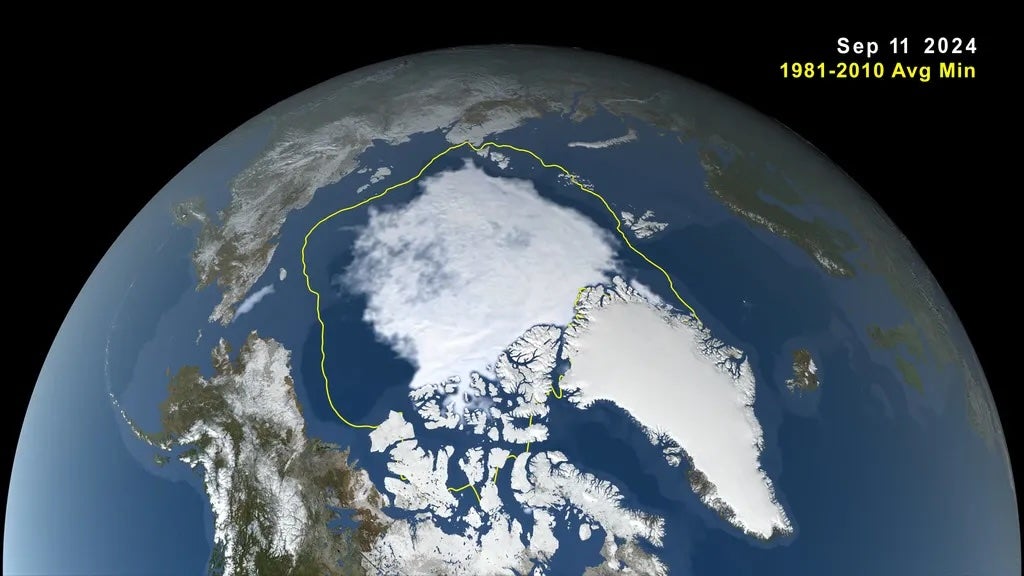 This image, taken from a data visualization, shows the Arctic’s sea ice minimum extent on September 11, 2024. The Arctic will be ‘ice-free’ when it has less than 1 million square kilometers of ice