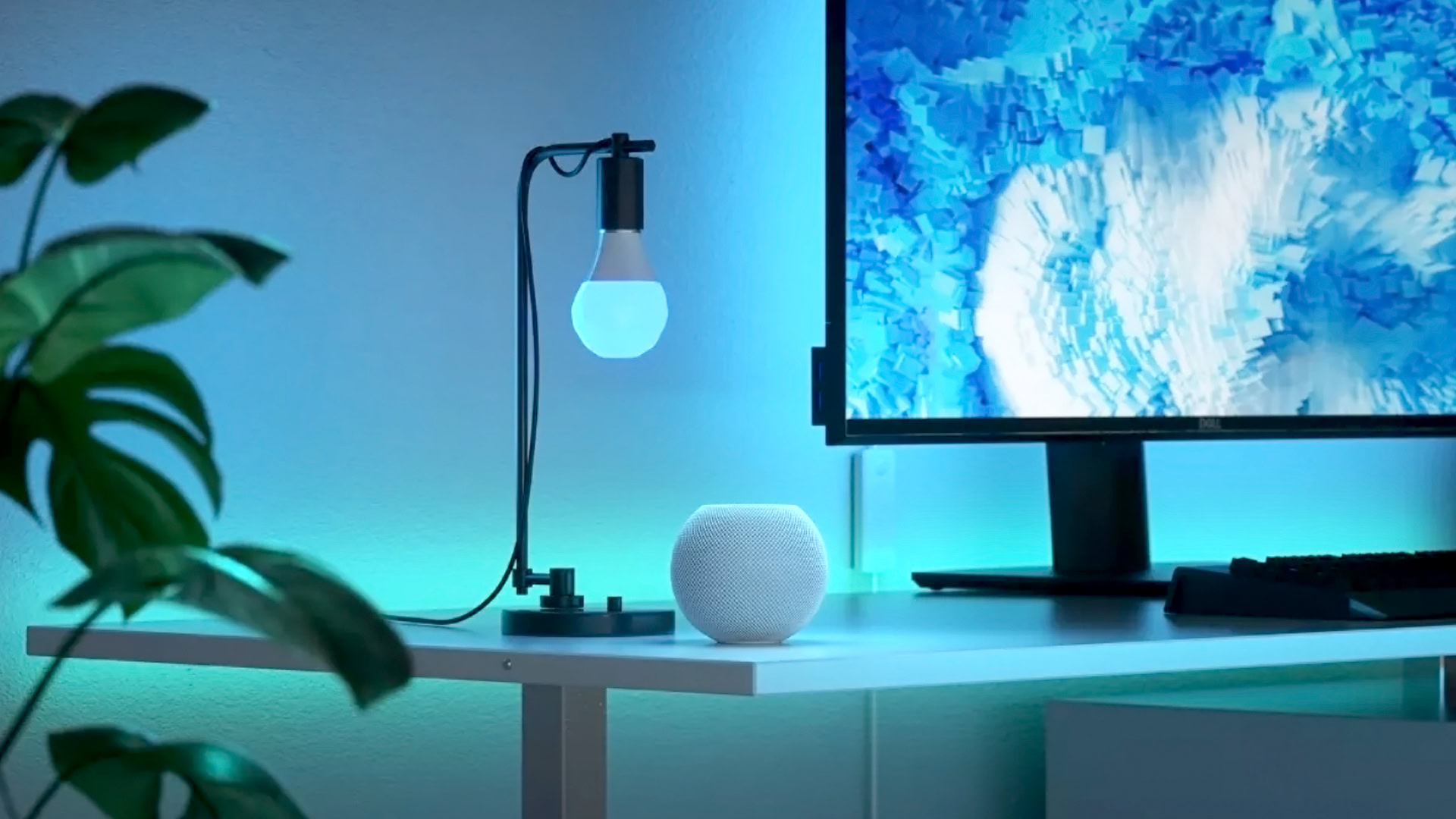 A Nanoleaf Essentials bulb and a HomePod mini