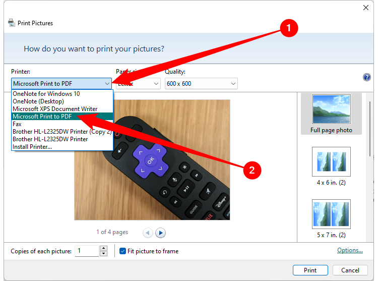 Select the "Printer" drop-down menu, then select "Microsoft Print to PDF" from the list. 