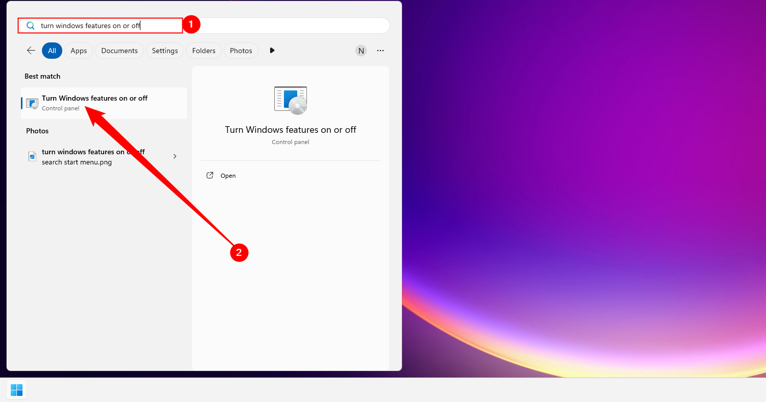 Search for Turn Windows Features On or Off, then select that option from the search results. 