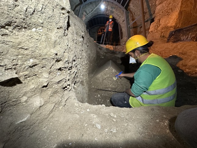 ANTALYA, TURKIYE - DECEMBER 6: A limestone sarcophagus is uncovered during excavations at St. Nicholas Church in Demre district of Antalya, Turkiye on December 6, 2024. The church in the Demre district, which is believed to be near the burial site of St. Nicholas, the inspiration for Santa Claus, has been under study since 1989. (Photo by Zehra Tekeci/Anadolu via Getty Images)