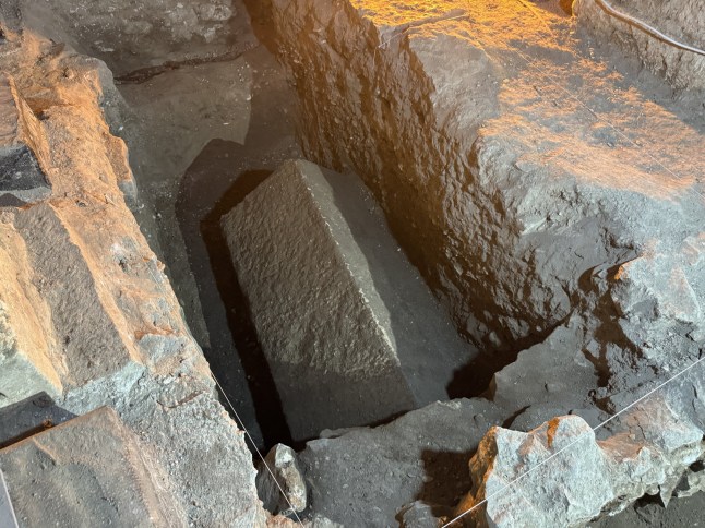 ANTALYA, TURKIYE - DECEMBER 6: A limestone sarcophagus is uncovered during excavations at St. Nicholas Church in Demre district of Antalya, Turkiye on December 6, 2024. The church in the Demre district, which is believed to be near the burial site of St. Nicholas, the inspiration for Santa Claus, has been under study since 1989. (Photo by Zehra Tekeci/Anadolu via Getty Images)