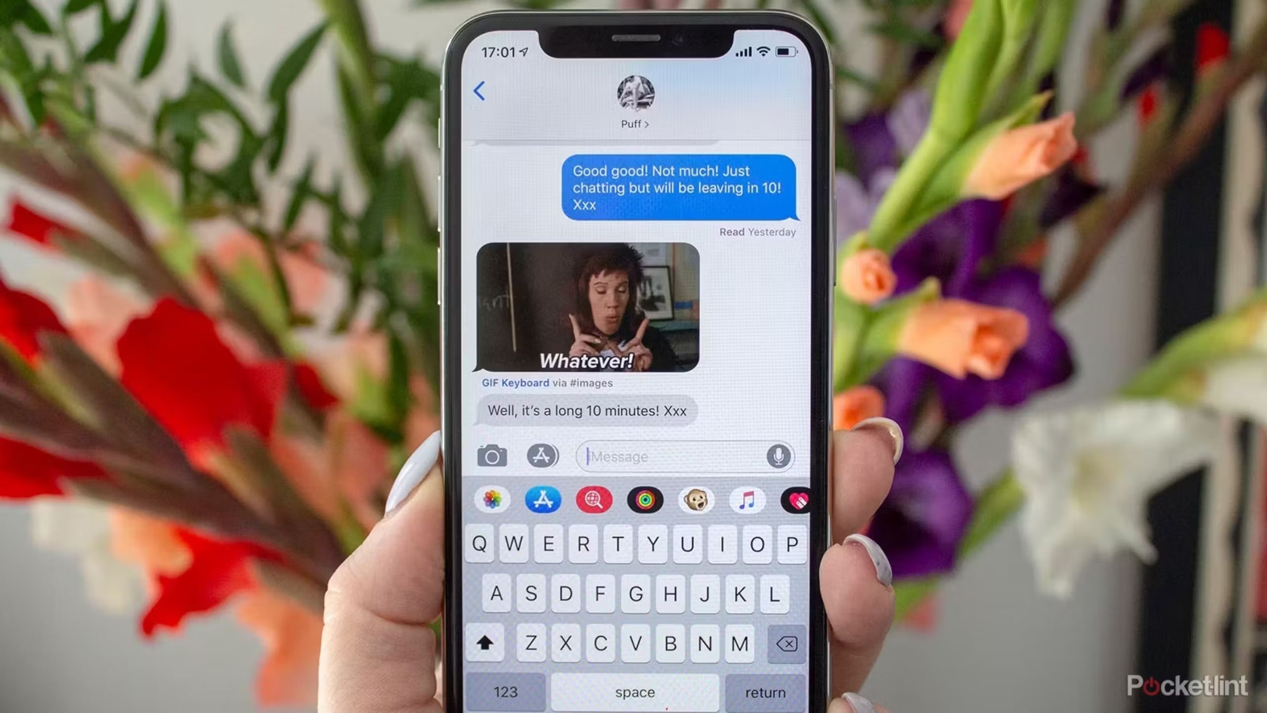 Someone holding an iPhone with iMessage open to a text thread where someone sent a GIF.