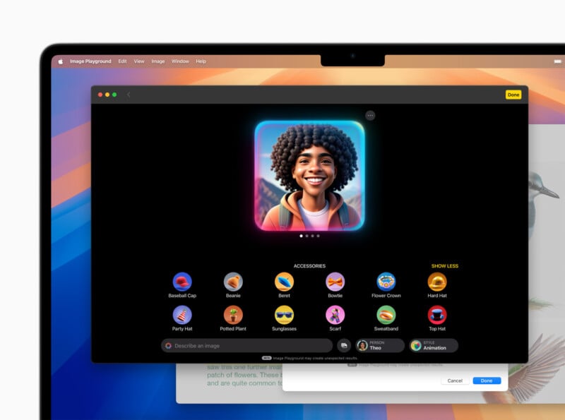 A laptop screen displays an application interface for creating a digital avatar. The user interface shows an avatar with short, curly hair and a cheerful expression, surrounded by customization options like accessories and hairstyles.