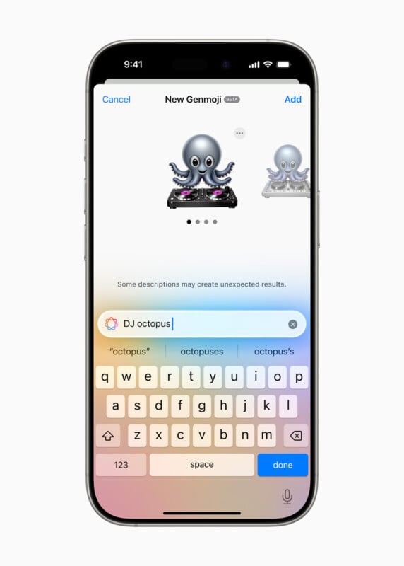 A smartphone screen showing the creation of a "Genmoji" with an octopus as a DJ, spinning turntables. The keyboard is visible with the text "DJ octopus" typed in the search bar.