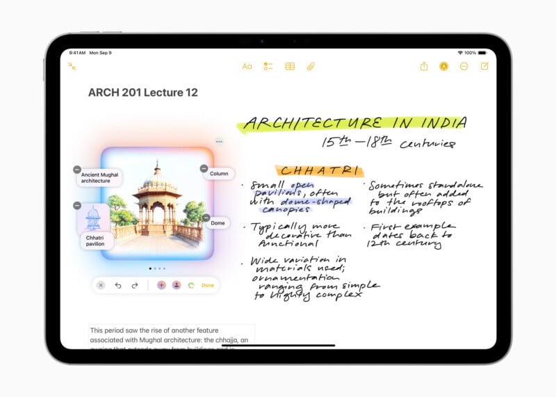 A digital tablet screen displays notes from "ARCH 201 Lecture 12" on "Architecture in India." It includes a diagram of a chhatri, handwritten text on its features and characteristics, and colorful highlights for emphasis.