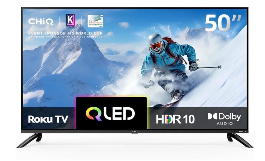 Size 43-inch Roku ChiQ QLED TV with person skiing on the display