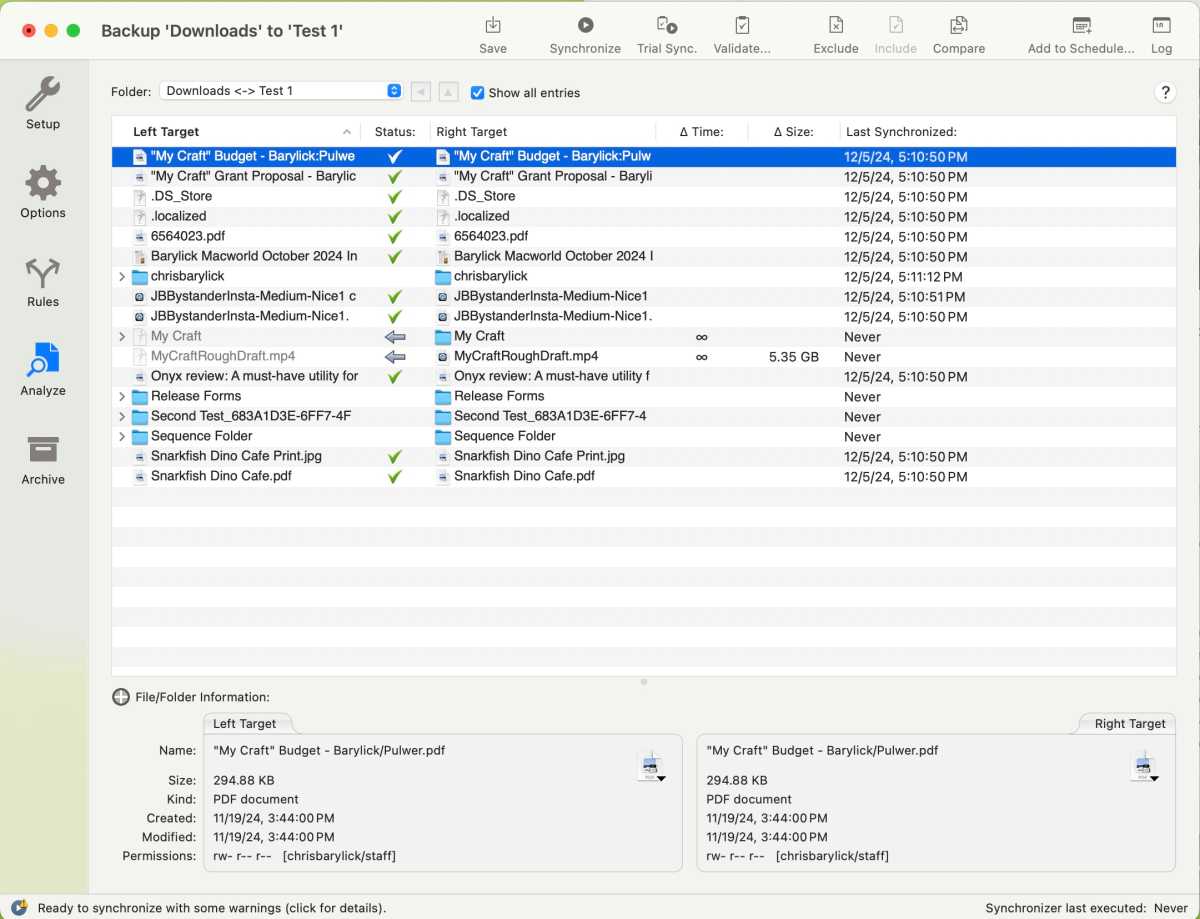 Configuring a test backup in ChronoSync