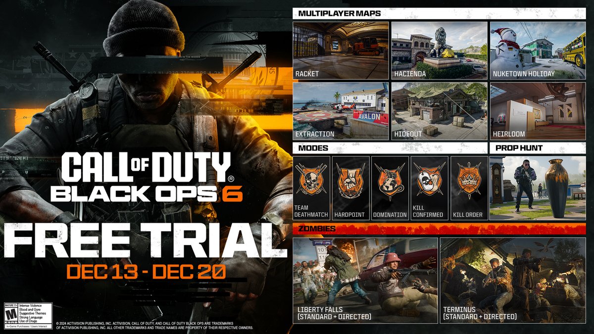 The maps and modes available in the Call of Duty: Black Ops 6 December free trial week.