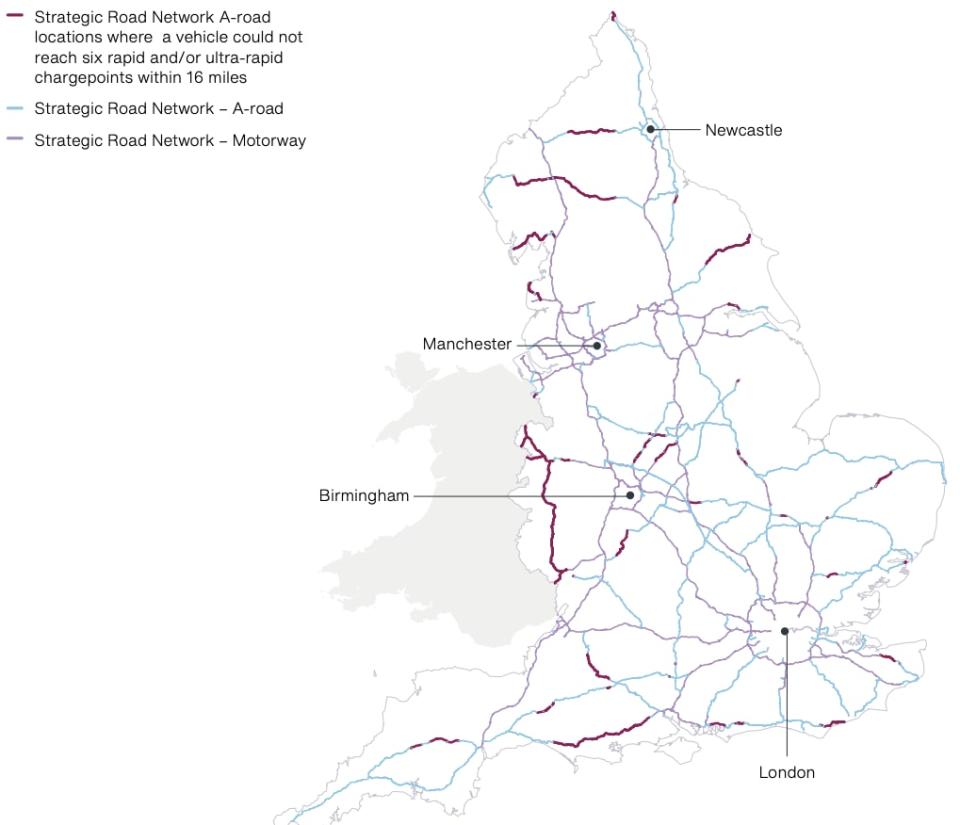 The report also showed a lack of EV chargepoints on A roads. (NAO)