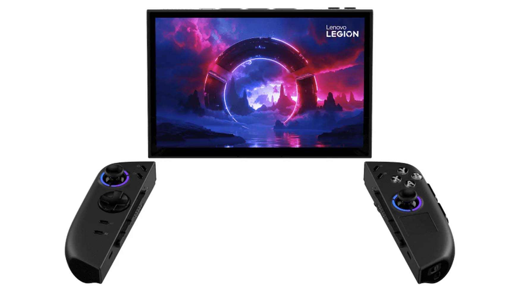 New Lenovo Legion Go device with screen facing forward and controllers in front of it.