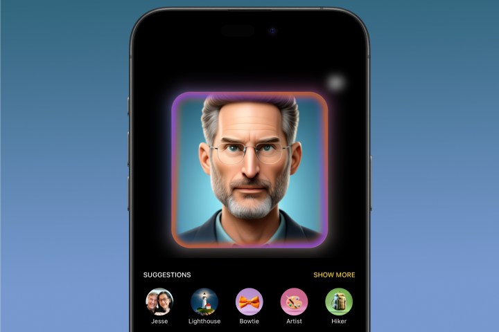 An iPhone showing an Apple Intelligence rendering of Steve Jobs in the Image Playground app.