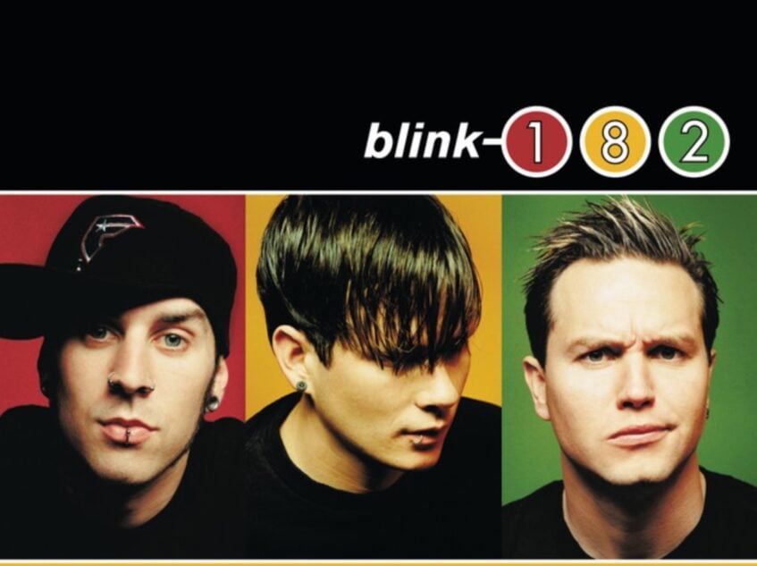 Headshot of three male Blink-182 band members