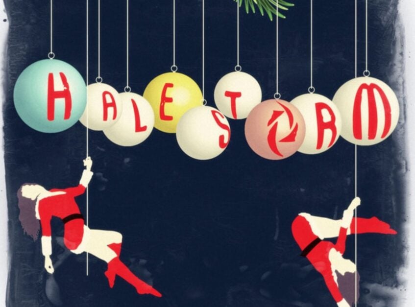 Halestorm text printed in red on hanging Christmas decorations