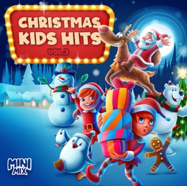 Animated Santa and helpers in snow song cover art