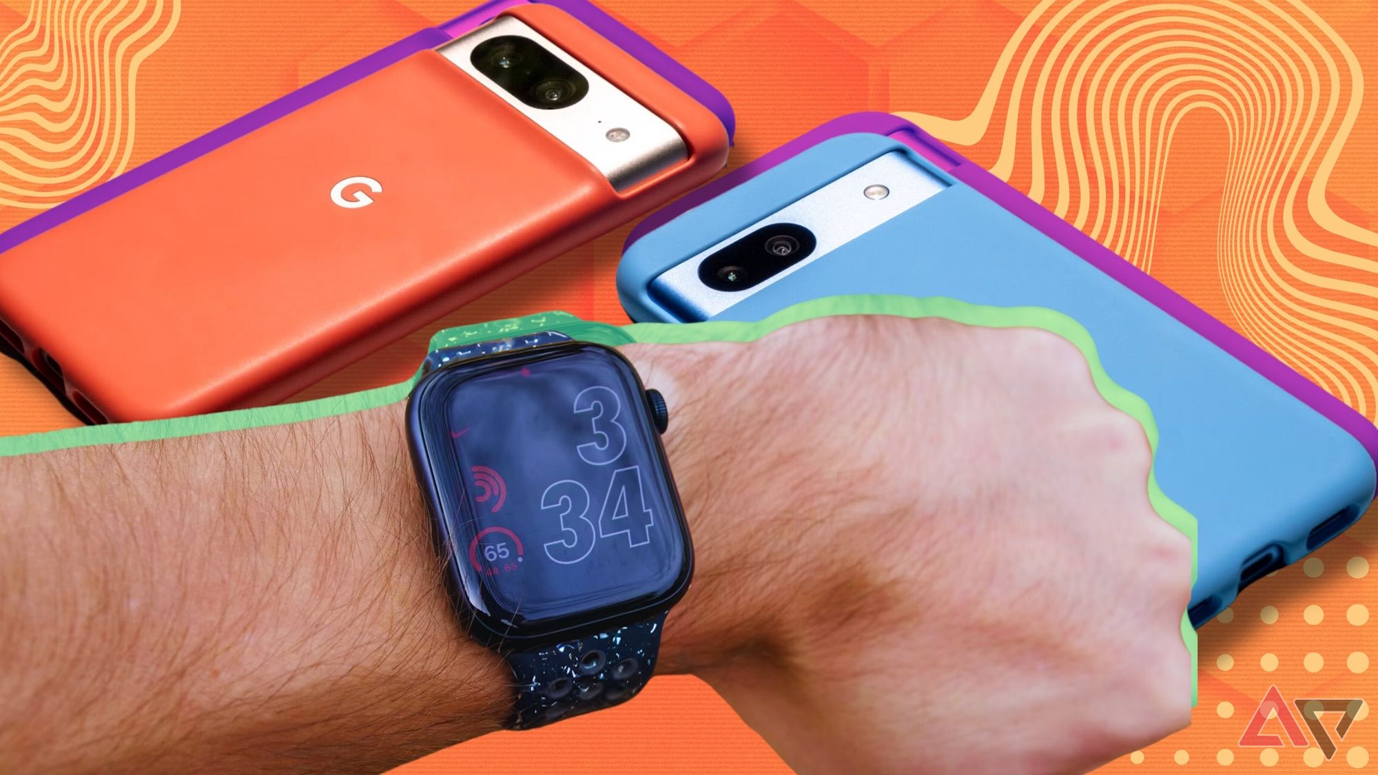 Apple Watch on wrist over two pixel phones on a patterned background