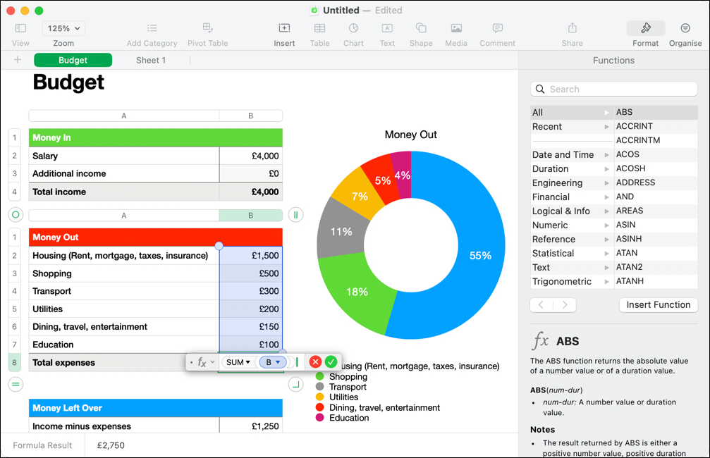 Adding a formula to a budget spreadsheet in Apple Numbers.