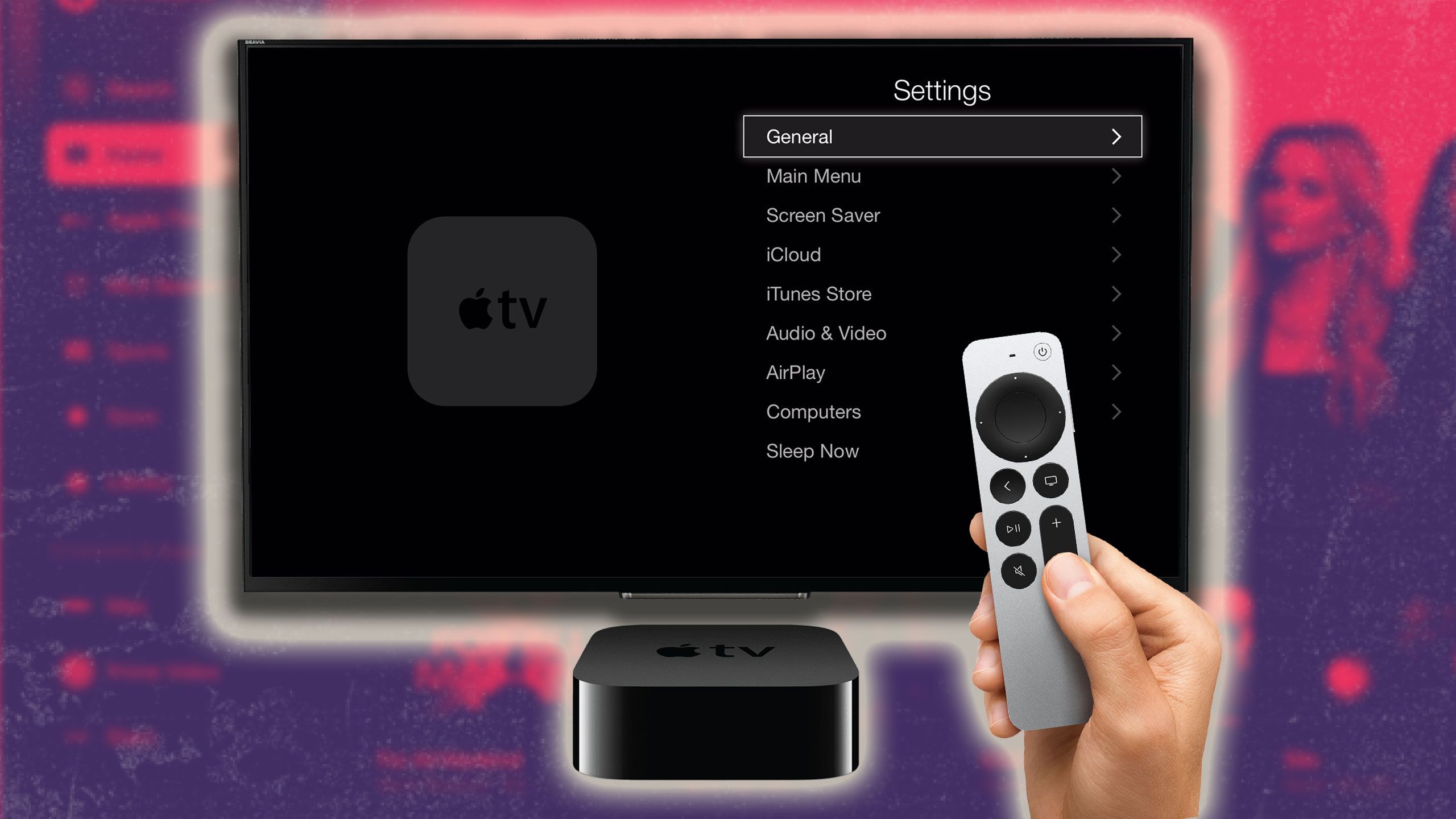 Apple TV and a person holding remote. 