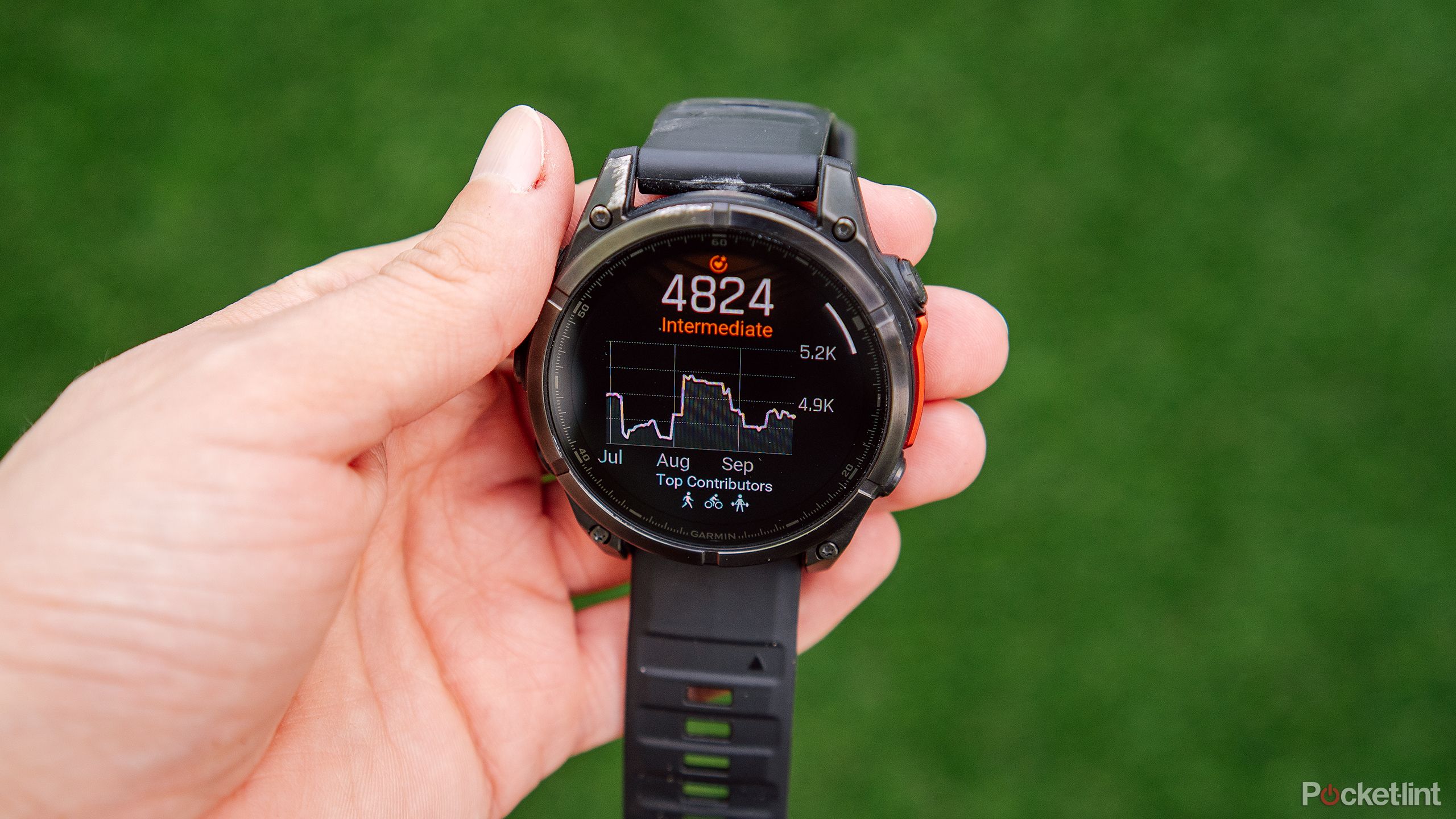 A hand holds a Garmin Fenix 8 with the Endurance Score graph on the display. 