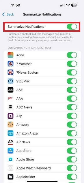 Enabling or disabling Notification Summaries. | Image credit-PhoneArena - One of Apple's AI features is attacked by the BBC after it disseminates fake news