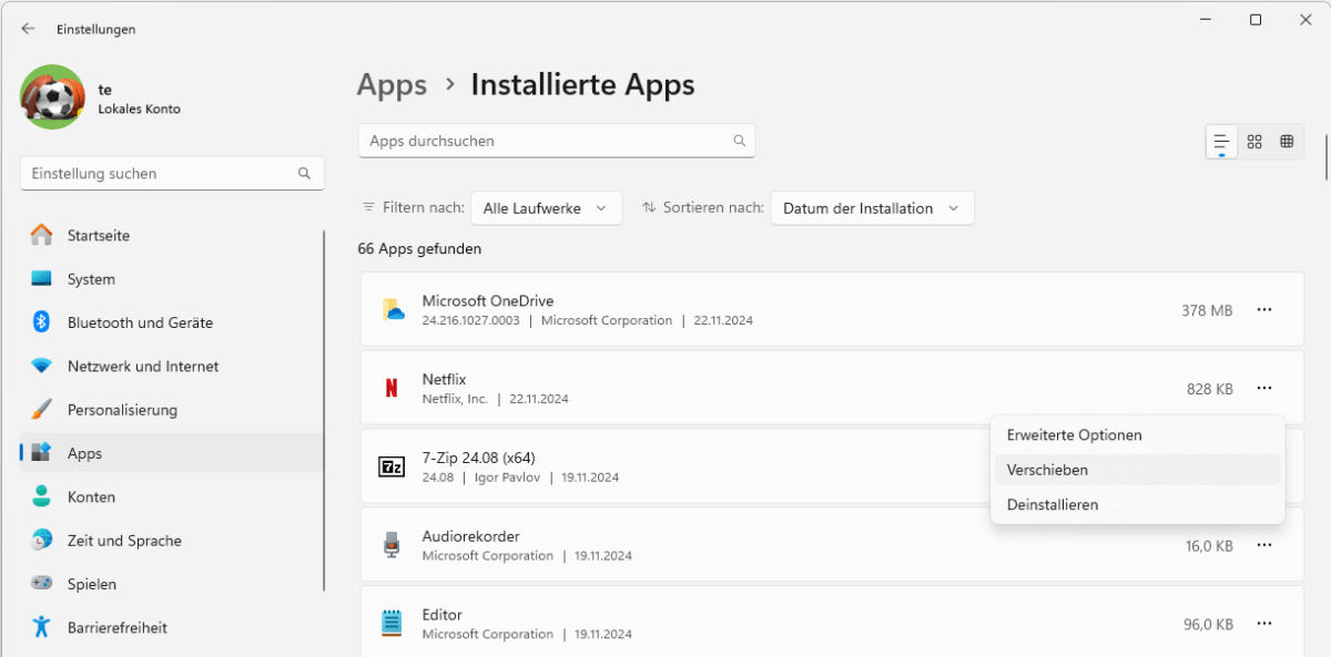 Wer mehr Platz auf dem Systemlaufwerk benötigt, kann selbst installierte Apps auf eine andere Festplatte oder SSD verschieben.