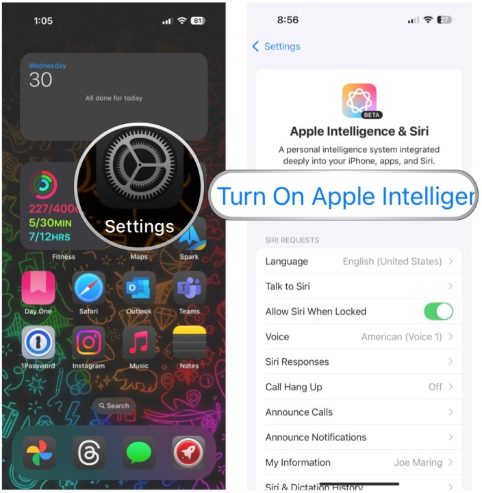 Open Settings, select Apple Intelligence & Siri, select Turn on Apple Intelligence