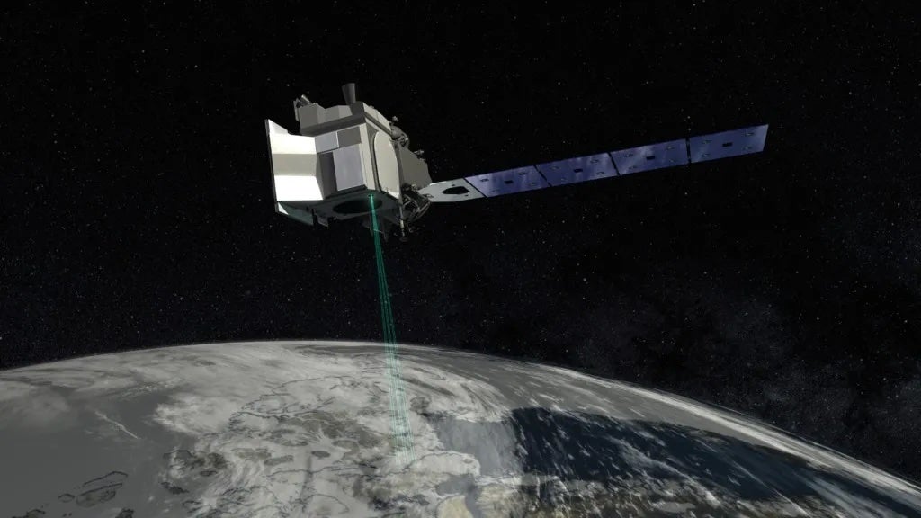 An artist’s rendering shows the ICESat-2 satellite over Earth. The satellite allows scientists to measure the elevation of ice sheets, glaciers, and sea ice