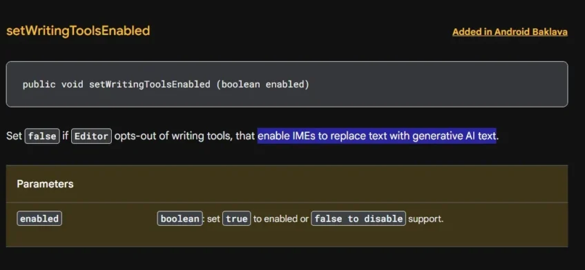 Code snippet showing setwritingtoolsenabled method with Boolean parameter