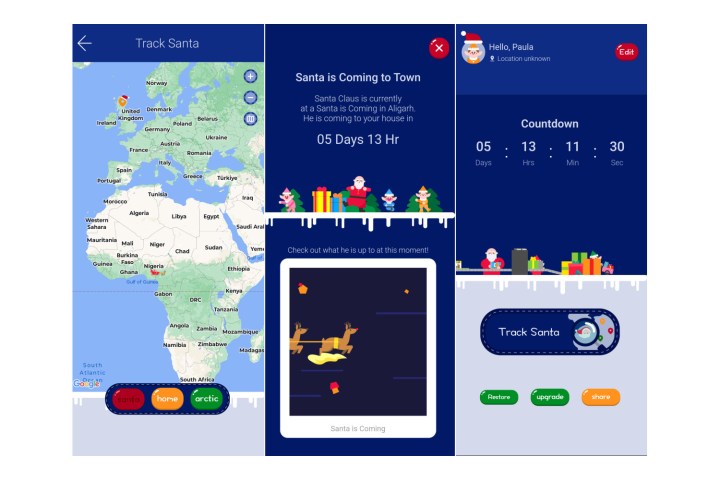 The Dualverse Santa Tracker app showing a map of Santa's location and Christmas countdown.