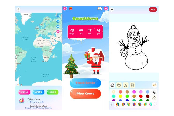 SaviorCode Santa Tracker app showing a countdown, map, and coloring in activity.