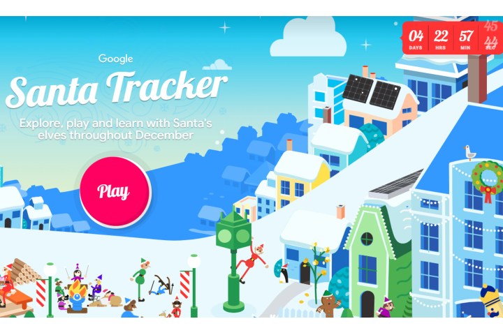 Google's Santa Tracker with a snowy scene and a countdown.