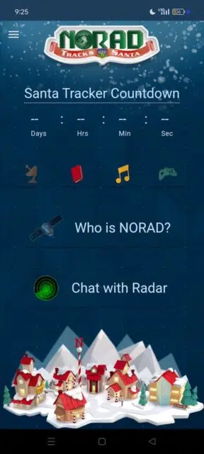 Main menu of NORAD Tracks Santa app