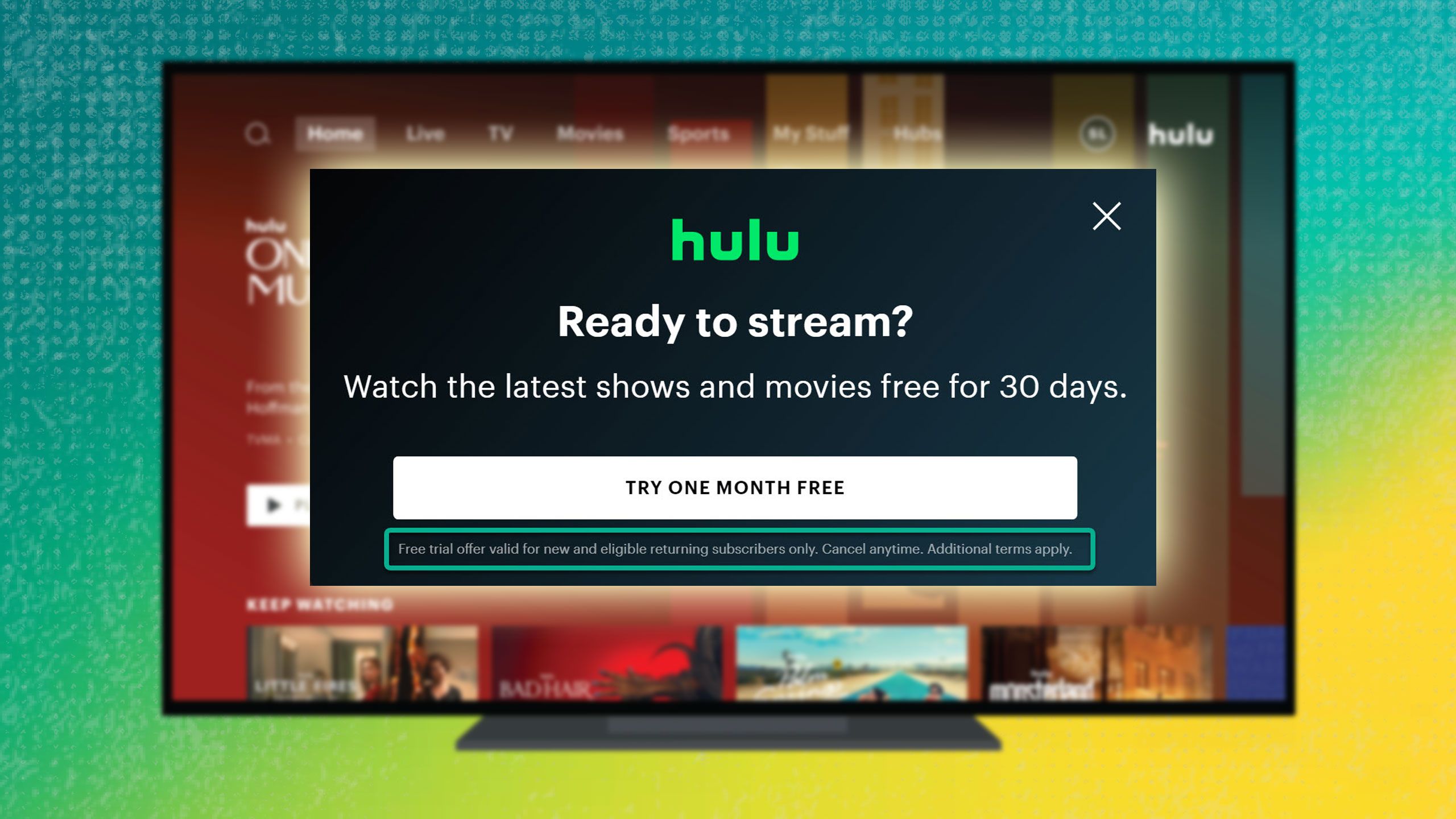 Hulu streamer rendered on a TV in the background. 