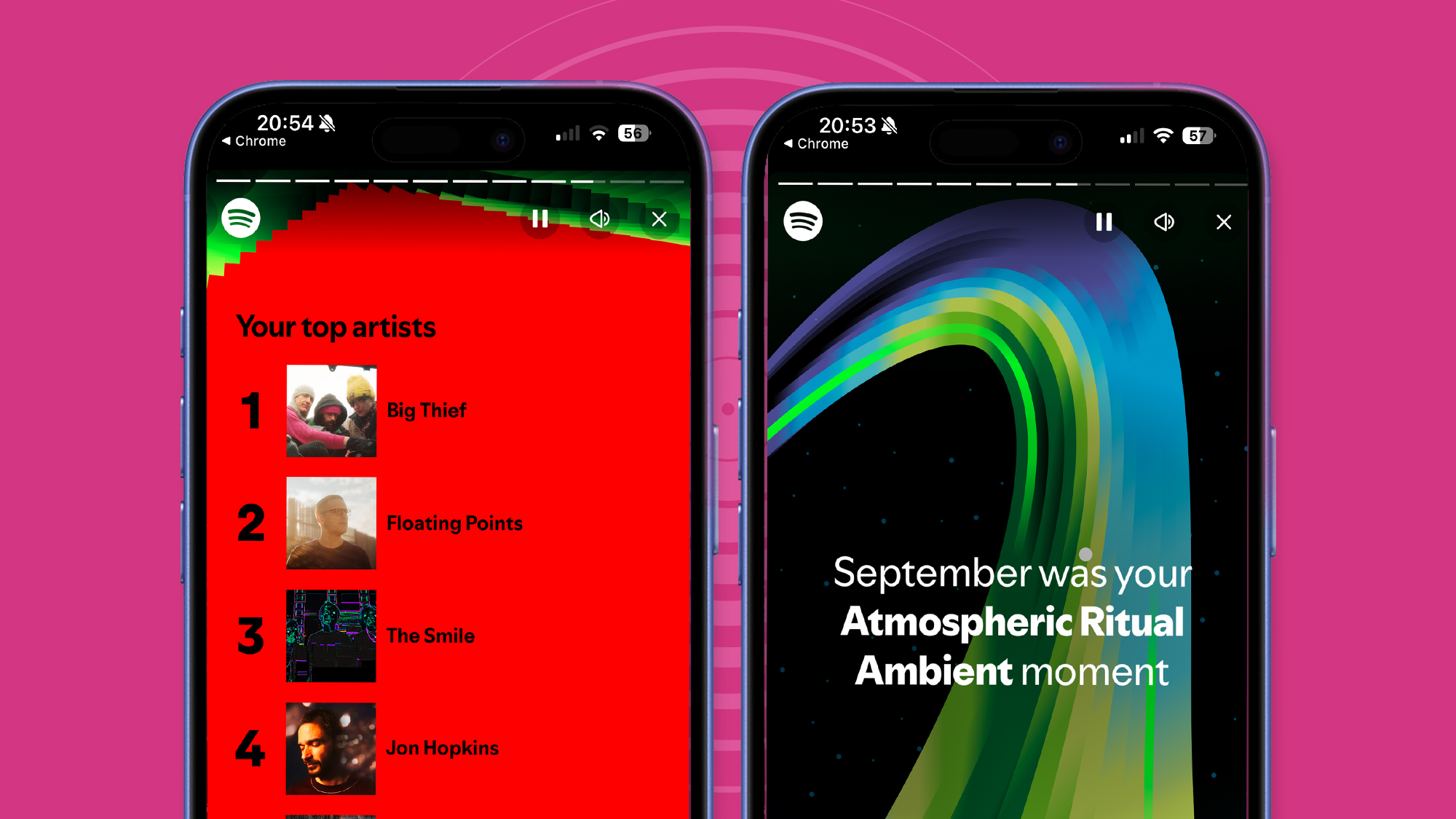 Two phones on a pink background showing Spotify Wrapped 2024