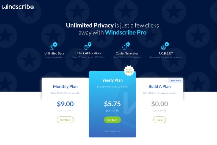 Windscribe Pro has monthly and annual plan, but you can get access for as low as $3.