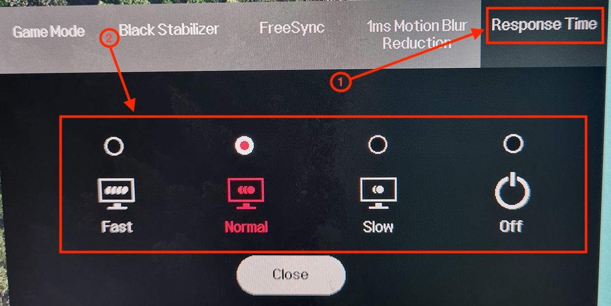 Overdrive menu on an LG monitor. 