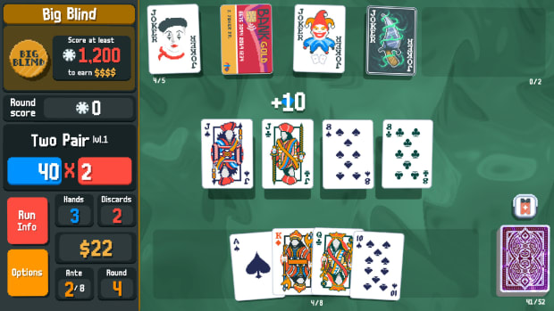 Balatro gameplay screenshot showing a Two Pair hand