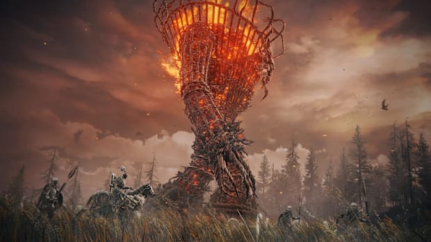 Key art for Elden Ring Shadow of the Erdtree showing a large walking, burning wicker basket creature surrounded by horsemen