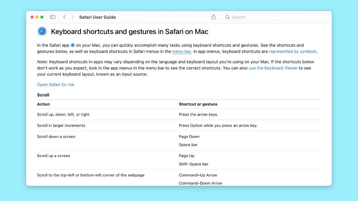 ventura safari keyboard shortcuts