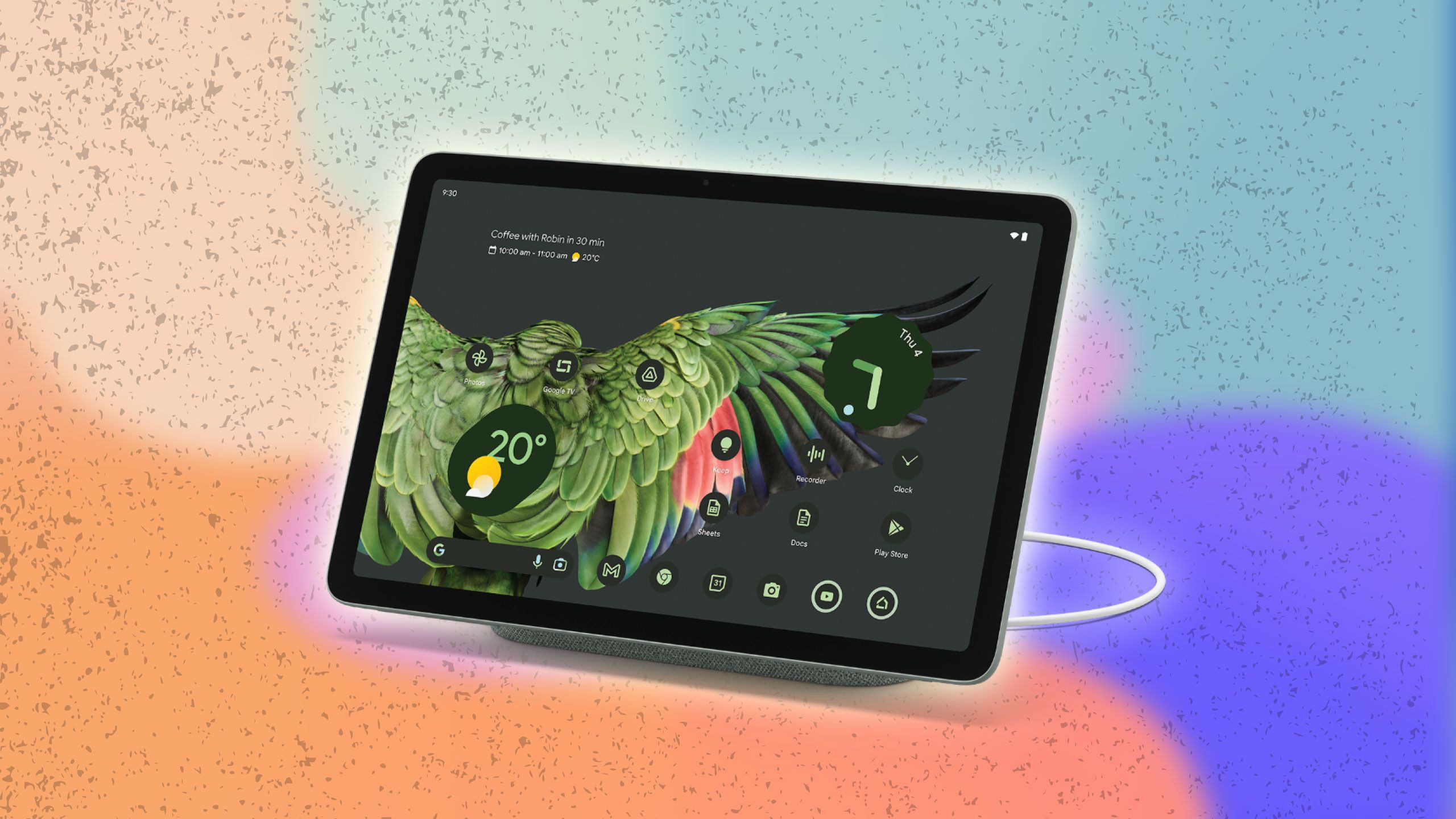 A Google Pixel tablet with a bird on it. 