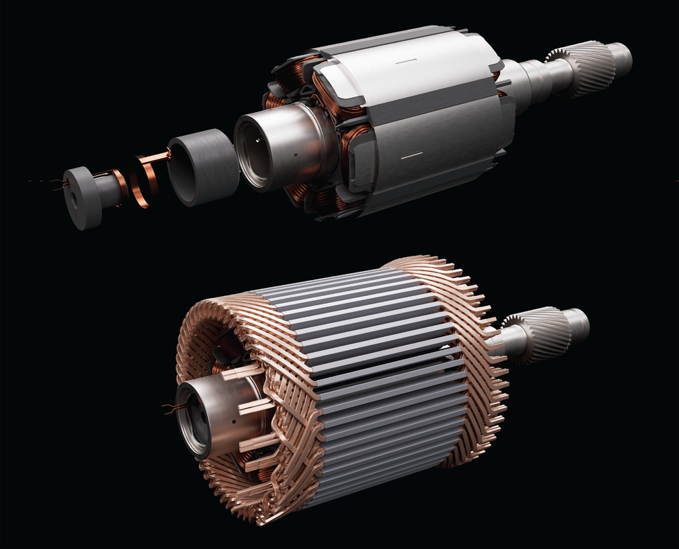 An exploded view of an advanced electric motor shows the copper coils used to produce magnetic fields and transmit power.