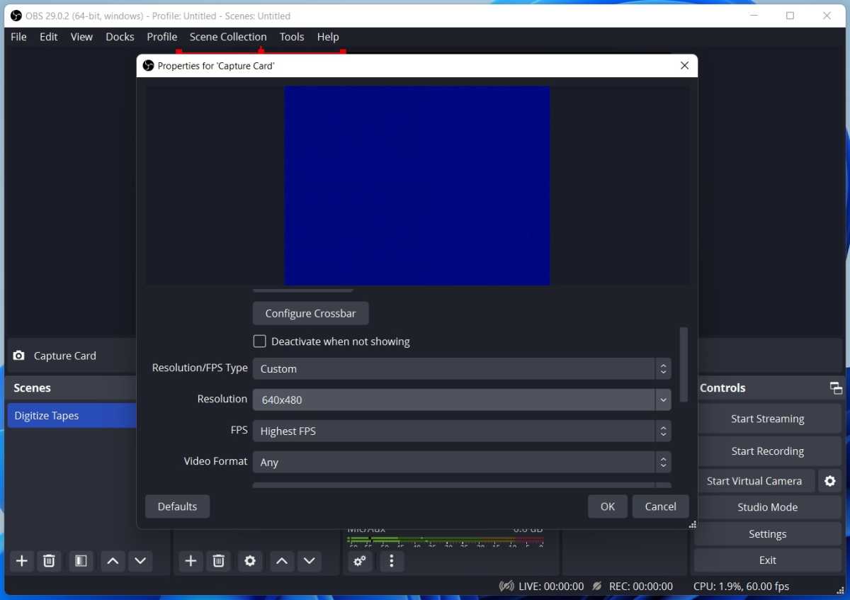 Selecting the capture card resolution in OBS