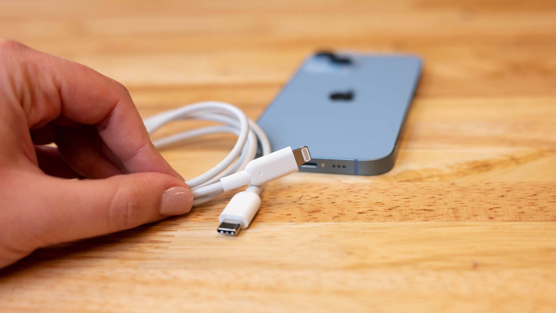 A USB-C to Lightning cable in front of a blue iPhone.