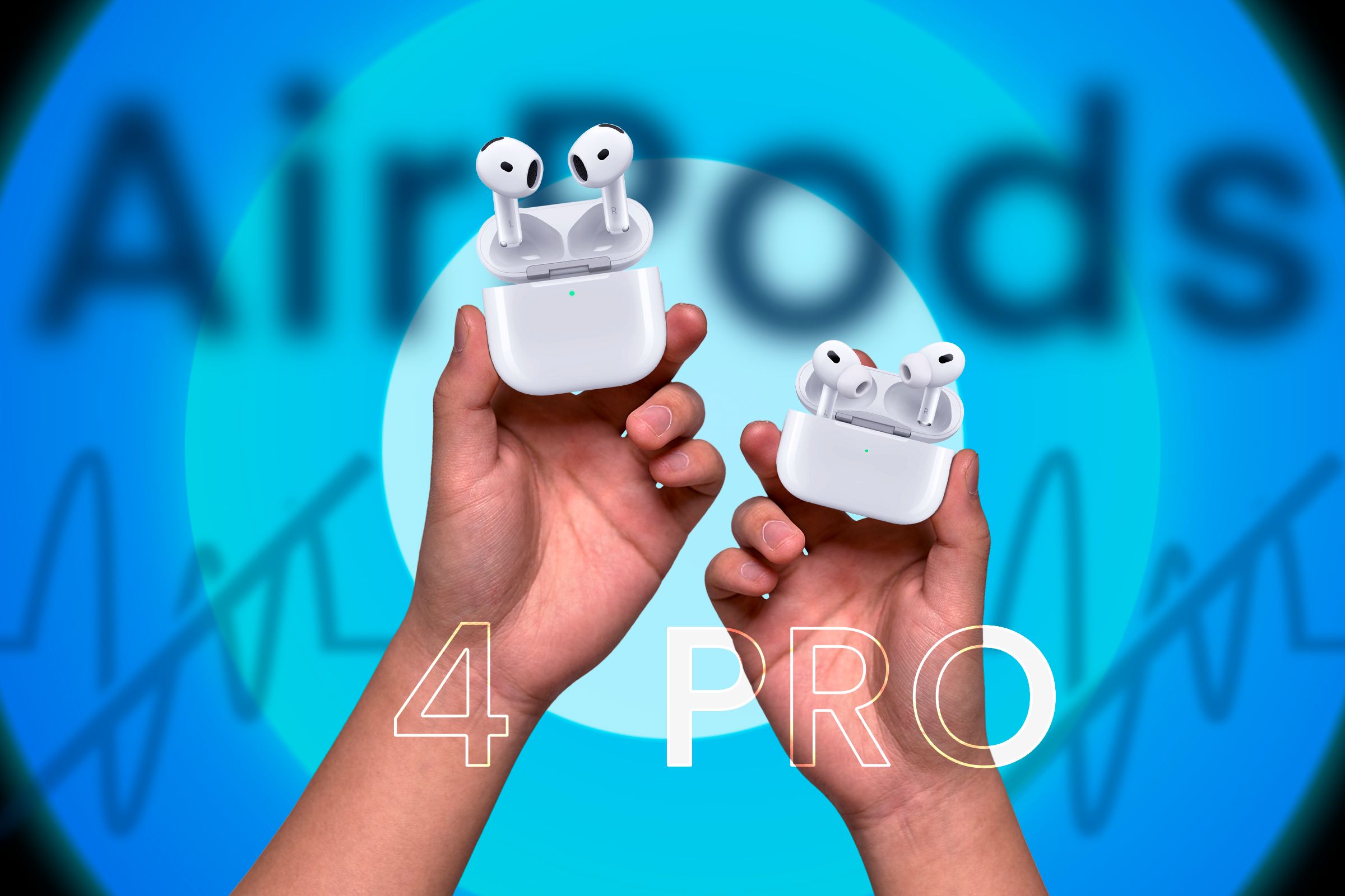 Hand holding an AirPods 4 and another holding an AirPods Pro.