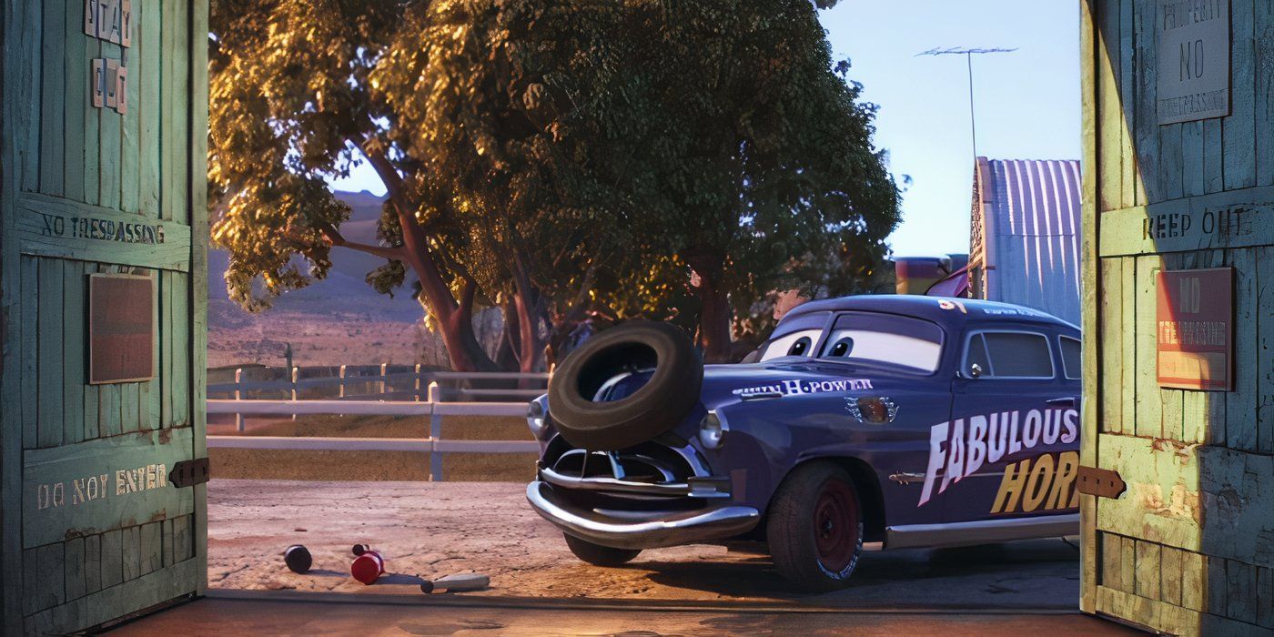 Doc Hudson (Paul Newman) balancing a tire on his hood in Cars 3.