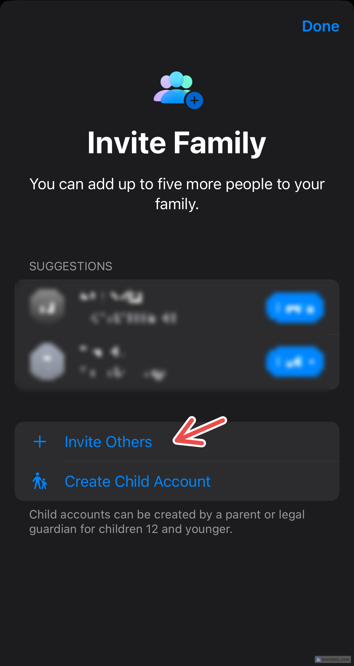 Inviting members to a Family Sharing group on iPhone.